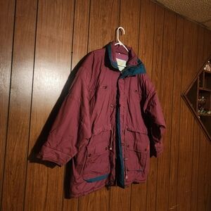 90s Burgandy and Teal Ski Snow Puffer Jacket Coat